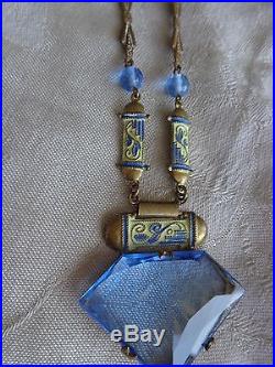 Outstanding Vintage Art Deco Czech Era Enamel Blue Crystal Geometric Necklace
