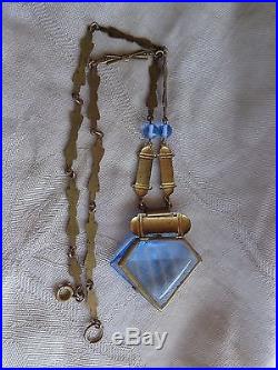Outstanding Vintage Art Deco Czech Era Enamel Blue Crystal Geometric Necklace