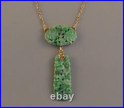 Old Antique Art Deco 14k Solid Gold Green Jade Necklace Lavaliere Flower Cut Out