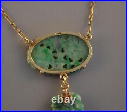 Old Antique Art Deco 14k Solid Gold Green Jade Necklace Lavaliere Flower Cut Out