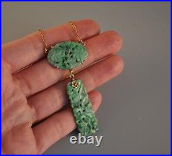 Old Antique Art Deco 14k Solid Gold Green Jade Necklace Lavaliere Flower Cut Out