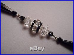 Old Art Deco Flapper Necklace 40 Long Jet Black Conical & Clear Crystal Beads