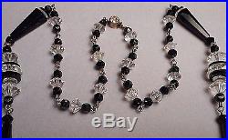 Old Art Deco Flapper Necklace 40 Long Jet Black Conical & Clear Crystal Beads