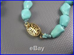 Old Art Deco Natural Chinese Turquoise Bead Necklace Silver Filigree Clasp