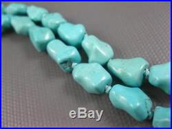 Old Art Deco Natural Chinese Turquoise Bead Necklace Silver Filigree Clasp