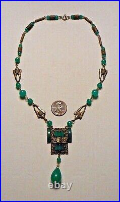Old Art Deco Necklace w Faux Chrysoprase Green Glass Beads & Pendant Czech