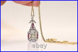 Old Art Deco Original 18k Gold Natural Diamond And Caliber Ruby Necklace