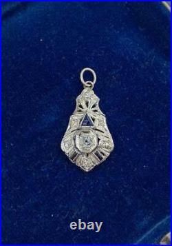 Old Mine Diamond Sapphire 18 Karat Gold Pendant Lavaliere Art Deco Necklace