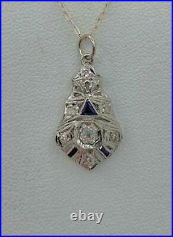Old Mine Diamond Sapphire 18 Karat Gold Pendant Lavaliere Art Deco Necklace