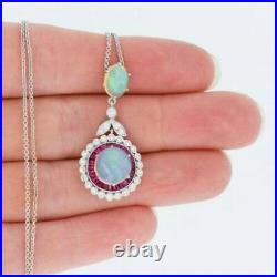 Opal Ruby & Diamond Target 14K White Gold Over Pendant Necklace Art Deco Style