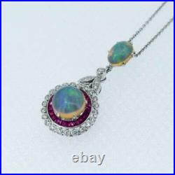 Opal Ruby & Diamond Target 14K White Gold Over Pendant Necklace Art Deco Style