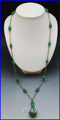 Original C1930s Art Deco Flapper Green Czech Glass Sautoir Y Drop Necklace