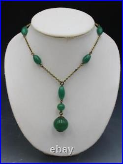 Original C1930s Art Deco Flapper Green Czech Glass Sautoir Y Drop Necklace