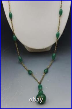 Original C1930s Art Deco Flapper Green Czech Glass Sautoir Y Drop Necklace