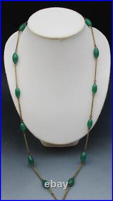 Original C1930s Art Deco Flapper Green Czech Glass Sautoir Y Drop Necklace