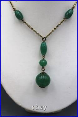 Original C1930s Art Deco Flapper Green Czech Glass Sautoir Y Drop Necklace