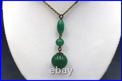 Original C1930s Art Deco Flapper Green Czech Glass Sautoir Y Drop Necklace