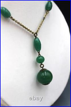 Original C1930s Art Deco Flapper Green Czech Glass Sautoir Y Drop Necklace