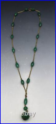 Original C1930s Art Deco Flapper Green Czech Glass Sautoir Y Drop Necklace