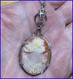 Ostby Barton Antique Sterling Silver Cameo Pendant Necklace OB 21.5 Box Chain