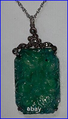 Outstanding Vintage Art Deco Sterling Silver Marcasite Faux Carved Jade Necklace