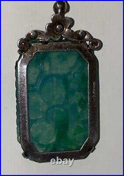 Outstanding Vintage Art Deco Sterling Silver Marcasite Faux Carved Jade Necklace