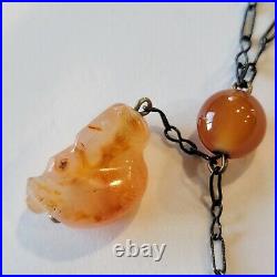 Paper clip chain necklace chinese export carved carnelian monkey dangle beads