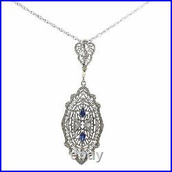 Pearl Sapphire Diamond Pendant Necklace 14k White Gold Filigree Antique Art Deco