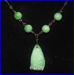 Peking glass green cloudy Art Deco bead pendant necklace flower vintage jade