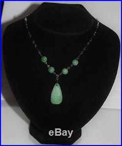 Peking glass green cloudy Art Deco bead pendant necklace flower vintage jade