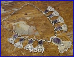 Pre-1948 Mexico Silver Amethyst Art Deco Repousse Link Necklace 100 Grams 19 In