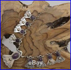 Pre-1948 Mexico Silver Amethyst Art Deco Repousse Link Necklace 100 Grams 19 In