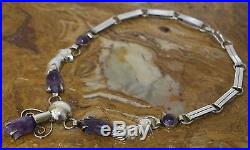 Pre-1948 Mexico Silver Amethyst Art Deco Tulips & Hand Repousse Link Necklace