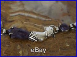 Pre-1948 Mexico Silver Amethyst Art Deco Tulips & Hand Repousse Link Necklace