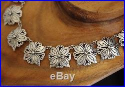 Pre-1948 Mexico Silver Art Deco Deco Floral Link Necklace 48 Grams TAXCO 16 Inch
