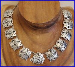 Pre-1948 Mexico Silver Art Deco Deco Floral Link Necklace 48 Grams TAXCO 16 Inch