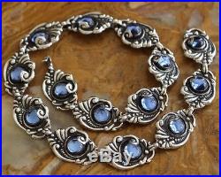 Pre-1948 Mexico Silver Blue Glass Repousse Art Deco 15.75 Inch Necklace 45 Grams