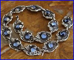 Pre-1948 Mexico Silver Blue Glass Repousse Art Deco 15.75 Inch Necklace 45 Grams