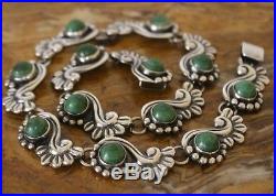 Pre-1948 Mexico Silver Chalcedony Art Deco Repousse Scrolls Necklace 46 Grams