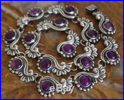 Pre-1948 Mexico Sterling Amethyst Art Deco Repousse Link 16 In Necklace 55 Grams