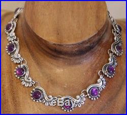 Pre-1948 Mexico Sterling Amethyst Art Deco Repousse Link 16 In Necklace 55 Grams