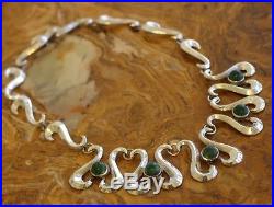 Pre-1948 Mexico Sterling Green Calcite Art Deco Swirl Repusse 16In Necklace 45 G