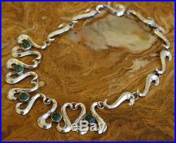Pre-1948 Mexico Sterling Green Calcite Art Deco Swirl Repusse 16In Necklace 45 G