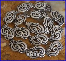 Pre-1948 Mexico Sterling Repousse Art Deco Swirl Link 17 In Necklace 57 Grams