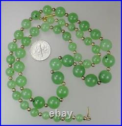 Pretty Antique Art Deco 14K Gold Green Jade Graduating Bead Necklace
