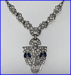 Pretty Vintage Art Deco Paste Pot Metal Clear Blue Sapphire Rhinestone Necklace