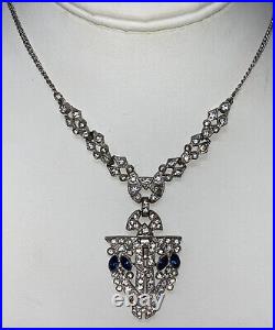 Pretty Vintage Art Deco Paste Pot Metal Clear Blue Sapphire Rhinestone Necklace