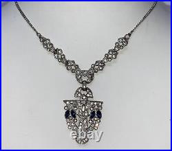 Pretty Vintage Art Deco Paste Pot Metal Clear Blue Sapphire Rhinestone Necklace