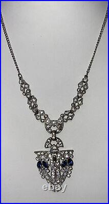 Pretty Vintage Art Deco Paste Pot Metal Clear Blue Sapphire Rhinestone Necklace