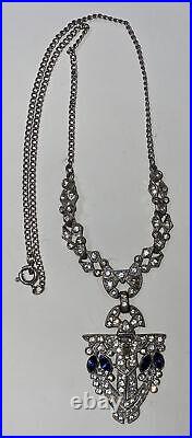 Pretty Vintage Art Deco Paste Pot Metal Clear Blue Sapphire Rhinestone Necklace